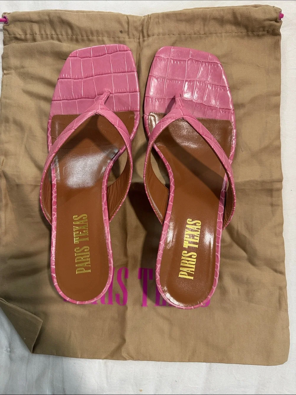 Paris Texas Pink Croc-Embossed Square-Toe Thong Mules - Picture 1 of 3